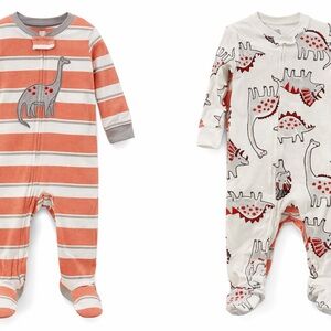 (K1) 12m -2 pair Carter's Striped Dinosaur Print Footies Orange, White Gray